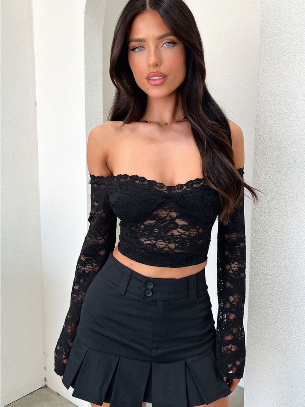 privy Black Lace Off-Shoulder Crop Top
